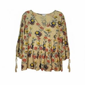 Lucky Brand Boho Gauze Blouse Small Floral Tassel Peasant Top Festival
